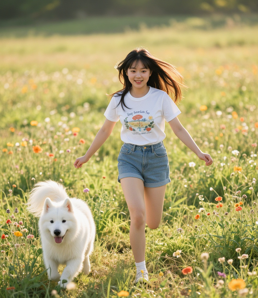 여름 들판의 소녀와 강아지