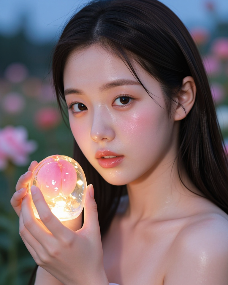 빛나는 젤리 과일을 든 소녀